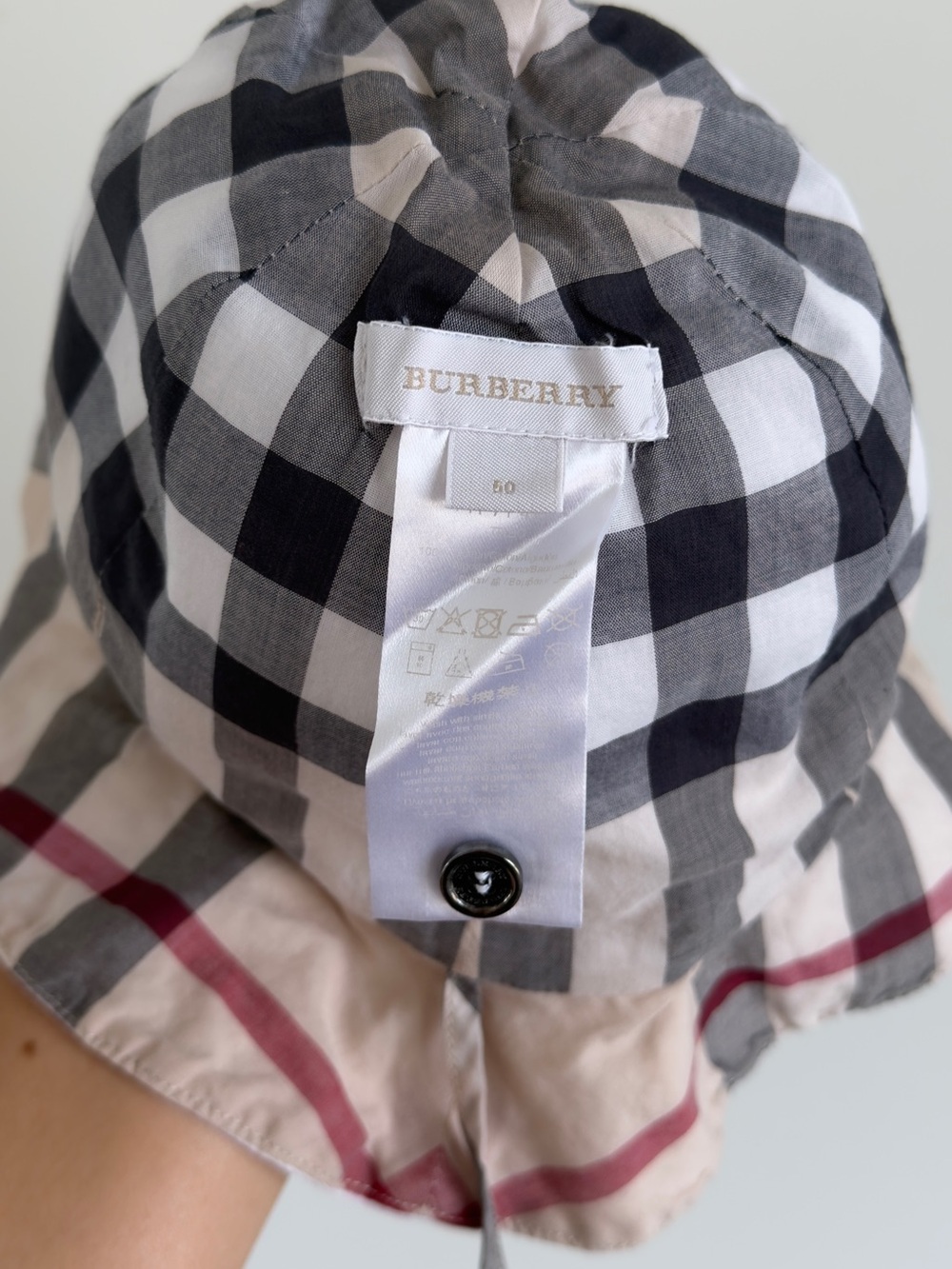 Burberry Kids Check Bucket Hat in Black, White & Beige with Red Stripe
